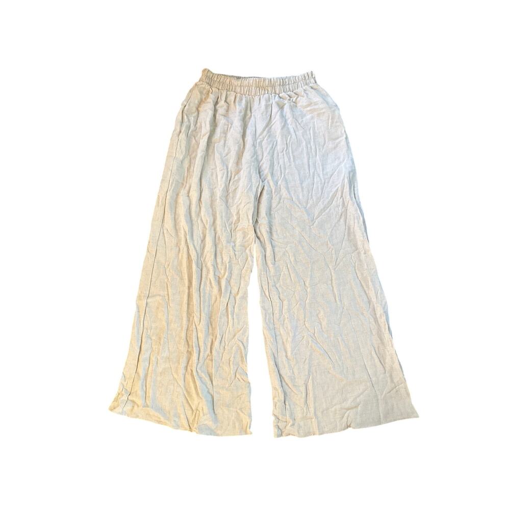 Women L Blue Buttercup Khaki Linen Wide Leg Pants Lagenlook USA Pull-On Beach